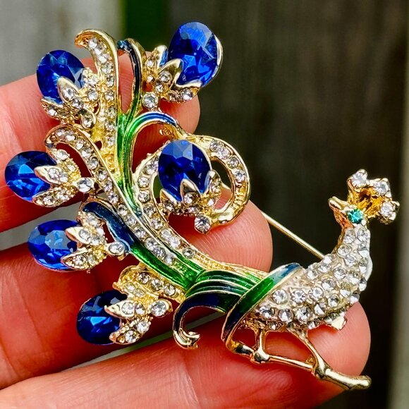 Peacock Brooch Blue Peacock Pin Rhinestone Peacock Brooch - Picture 4 of 4